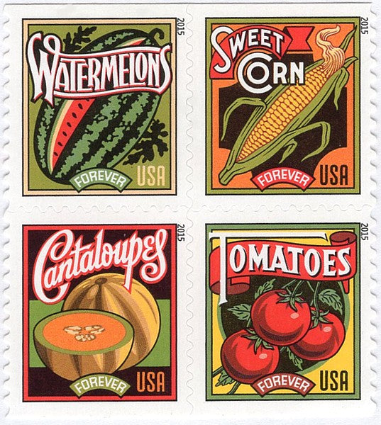 Set of Four 58c Summer Harvest Vegetables GENUINE Forever Postage Stamps | Garden Vegetables | Crate Labels | Organic Foods