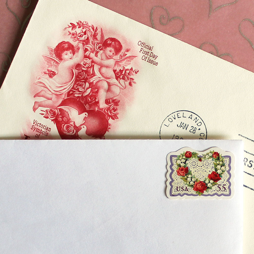 55c Flower Heart & Lace Love Stamps - Pack of 10