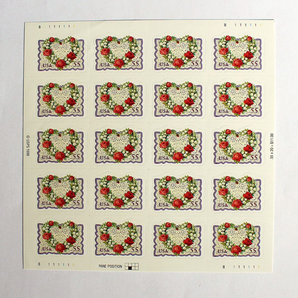 55c Flower Heart & Lace Love Stamps - Pack of 10
