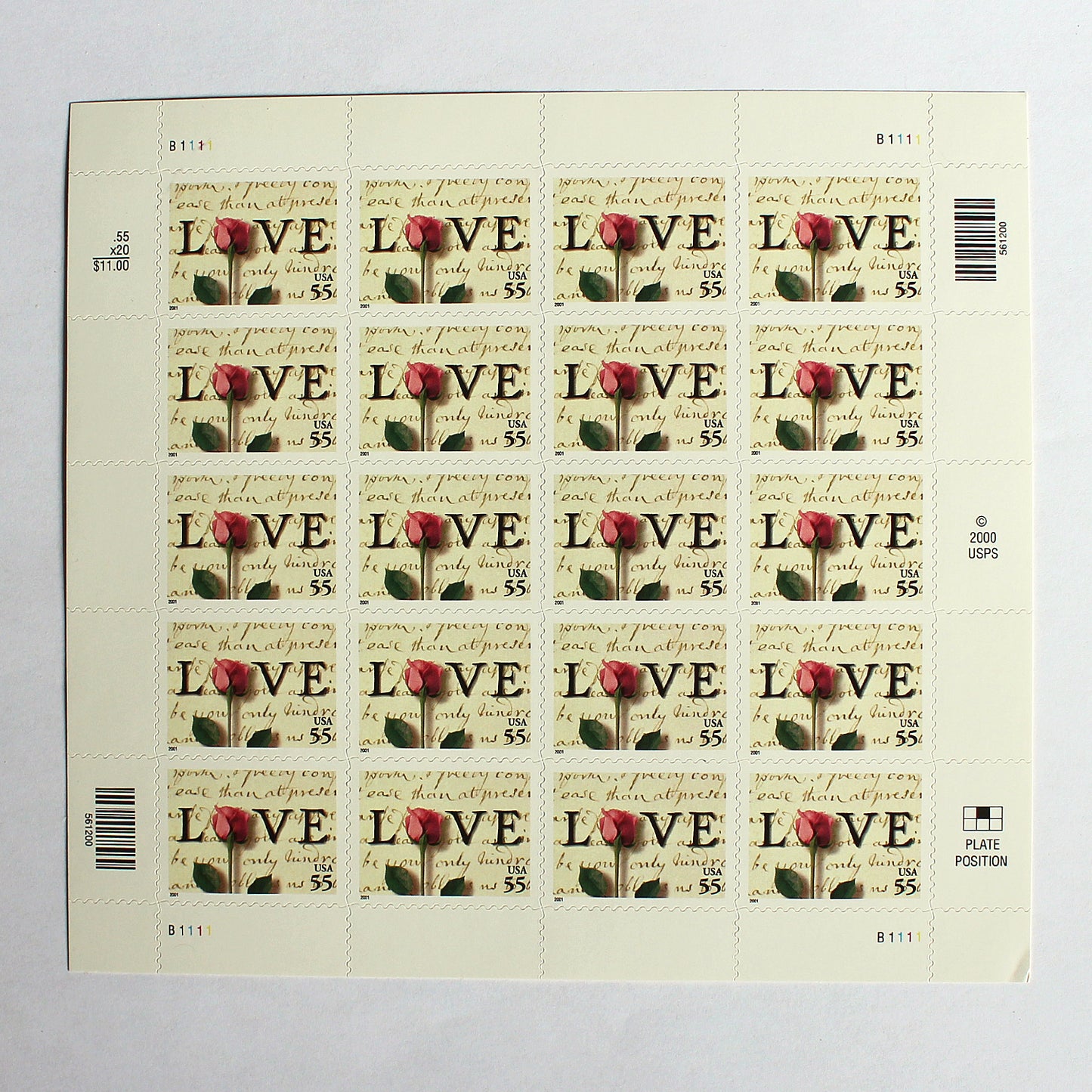 55c Love Letter Stamps .. Vintage Unused US Postage Stamps .. Pack of 10
