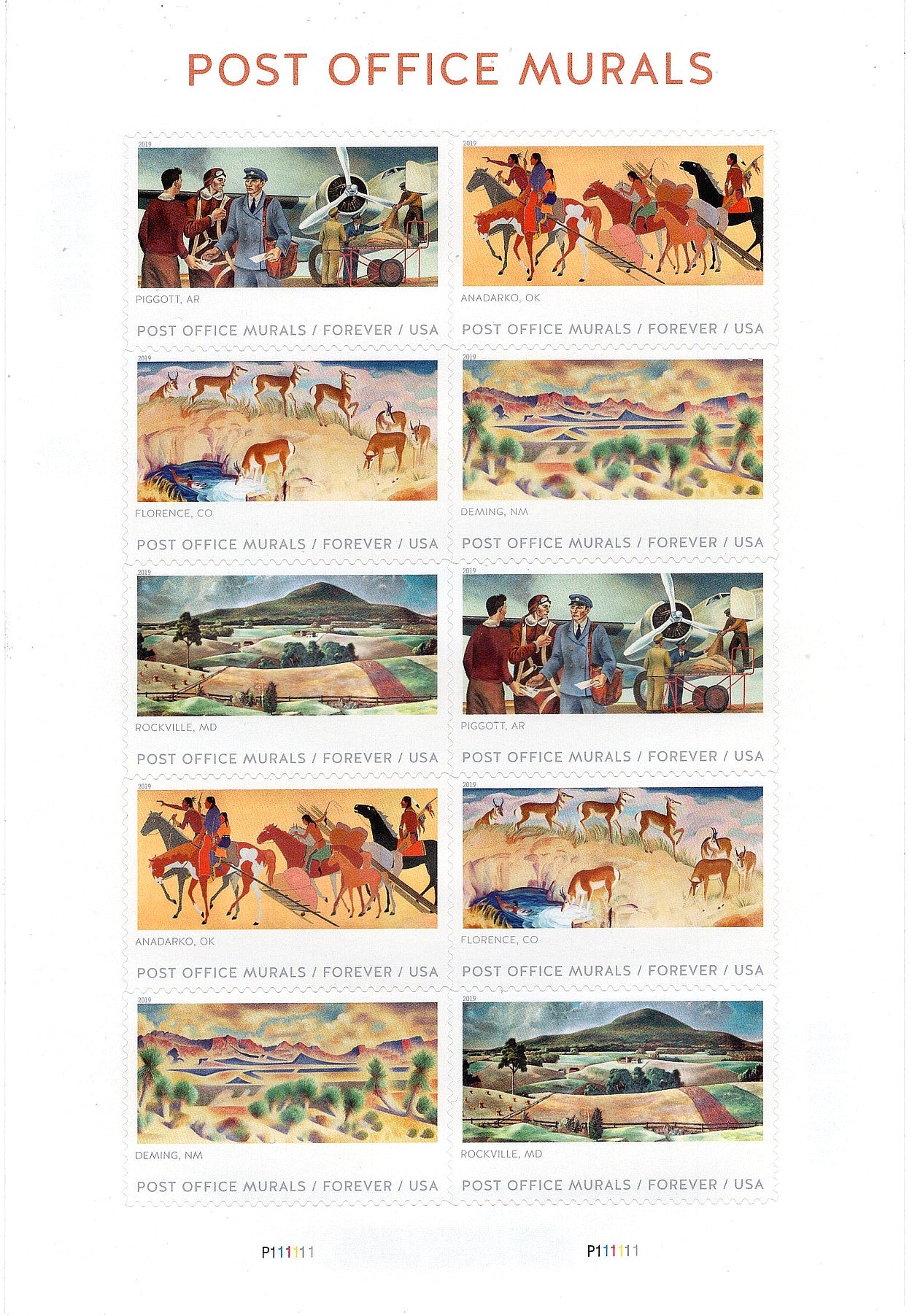 Post Office Murals Forever Stamps .. Unused US Postage Stamps .. Sheet of 10 Stamps