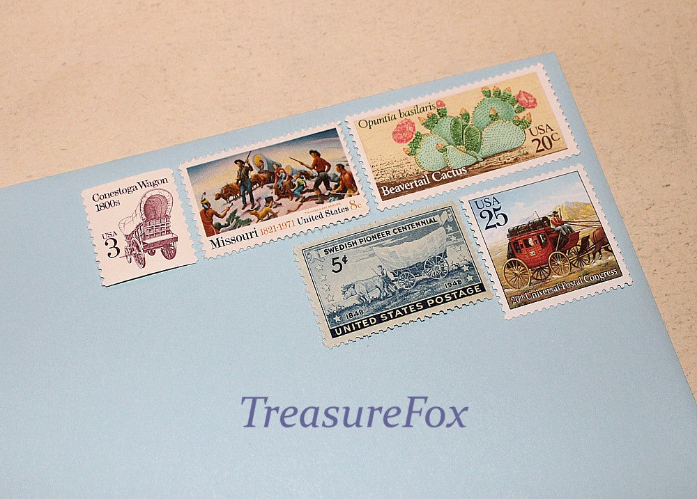 WAGONS WEST .. Vintage Unused US Postage Stamps .. Mail 5 letters