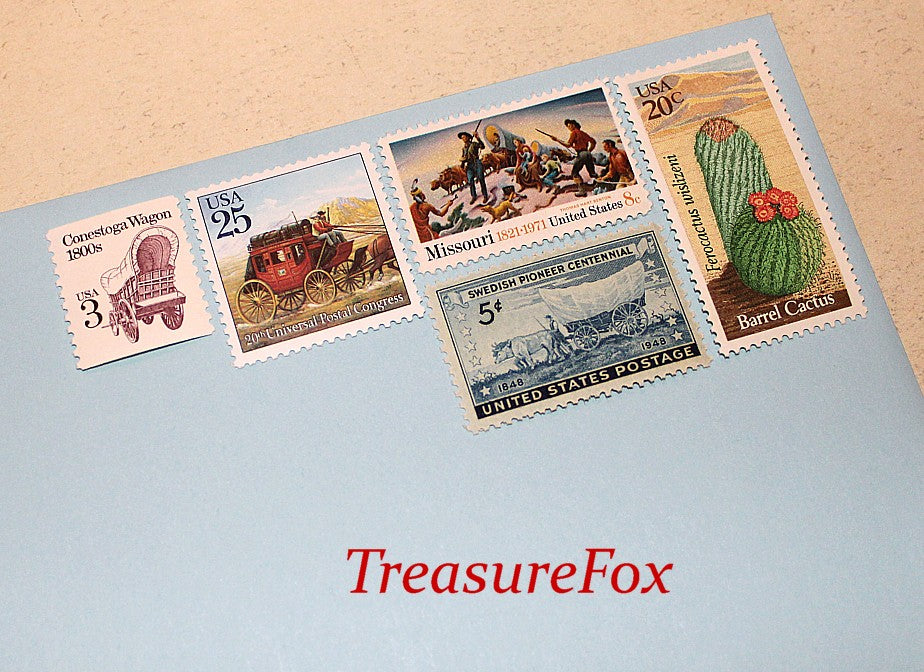 WAGONS WEST .. Vintage Unused US Postage Stamps .. Mail 5 letters