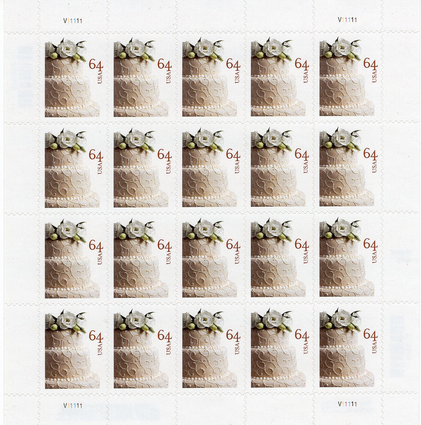 #4521 64 CENT 2011 WEDDING CAKE LOVE STAMP- SHEET OF 20 MNH-POST OFFICE FRESH!