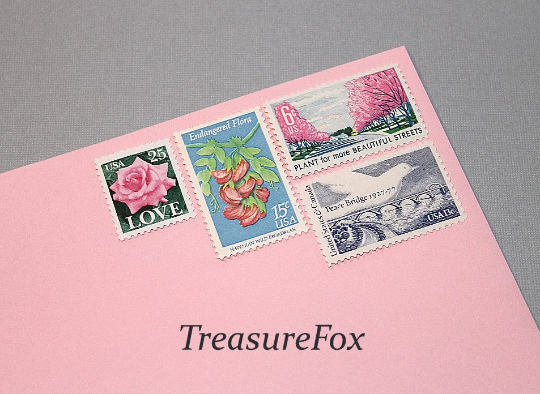LOVE Pink and Blue .. Vintage Unused US Postage Stamps .. Mail 5 Letters