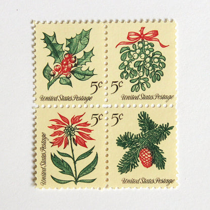 5c Christmas Botanicals Stamps .. Vintage Unused US Postage Stamps .. Pack of 20