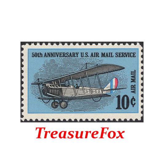 TEN 10c 50th Anniversary of Airmail Stamp .. Vintage Unused postage stamps. | Jenny Airplane | Upside down Airplane Stamp | Air Snail Mail