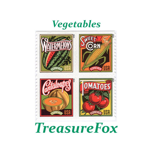 Set of Four 58c Summer Harvest Vegetables GENUINE Forever Postage Stamps | Garden Vegetables | Crate Labels | Organic Foods