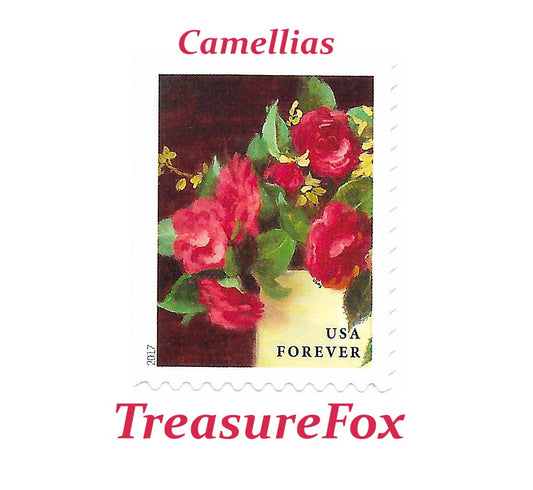 TEN Unused Red Camellias in Yellow Vase (55c) Forever stamp / Mail Wedding Invitations | Save the Dates | Bridal Shower | Garden Flowers