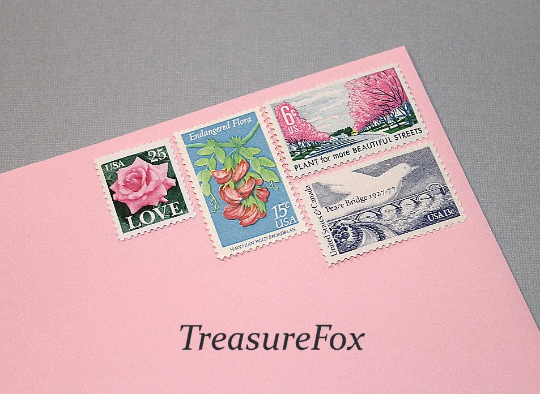 LOVE Pink and Blue .. Vintage Unused US Postage Stamps .. Mail 5 Lette –  treasurefoxstamps